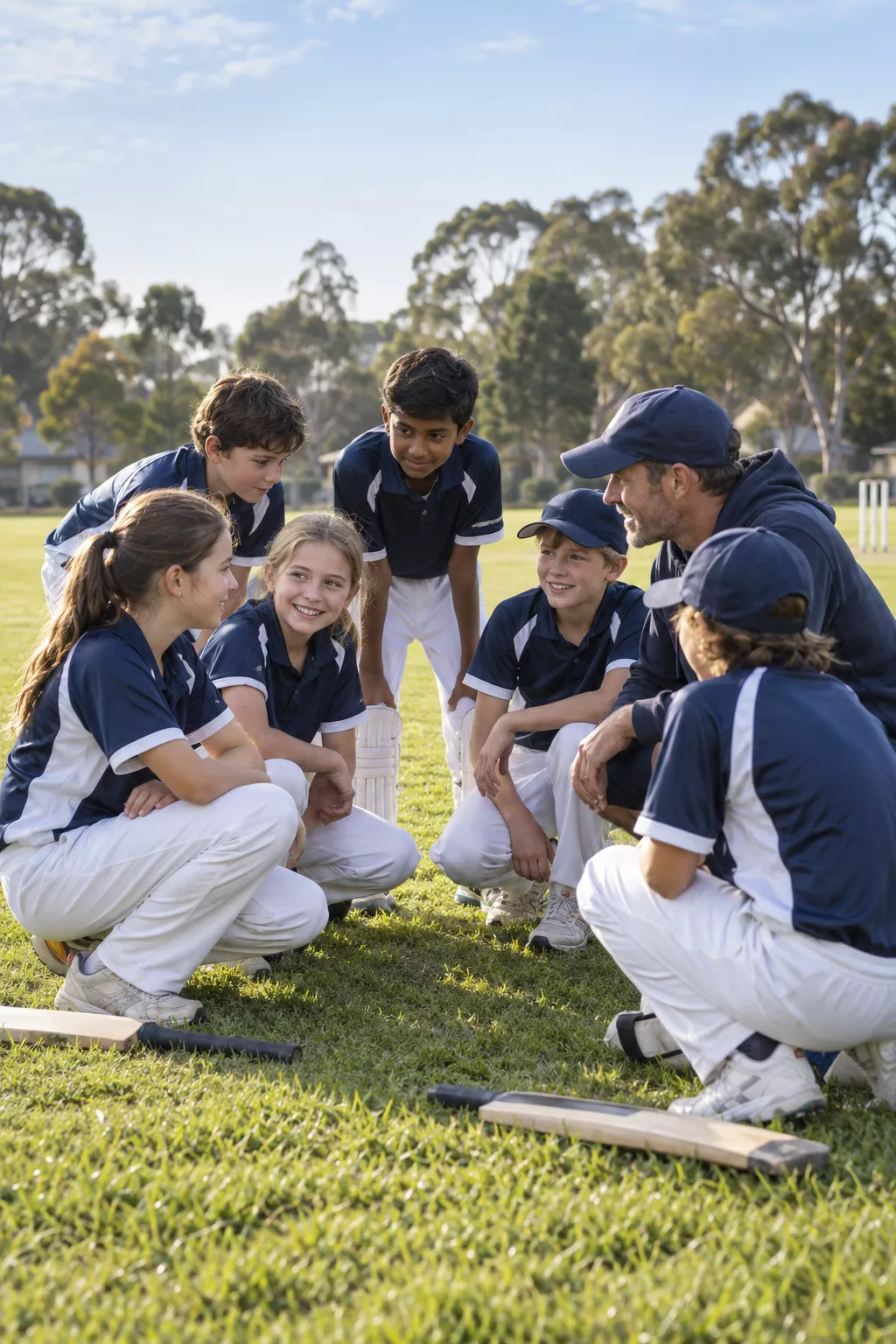 A junior cricket team in a huddle with their coach